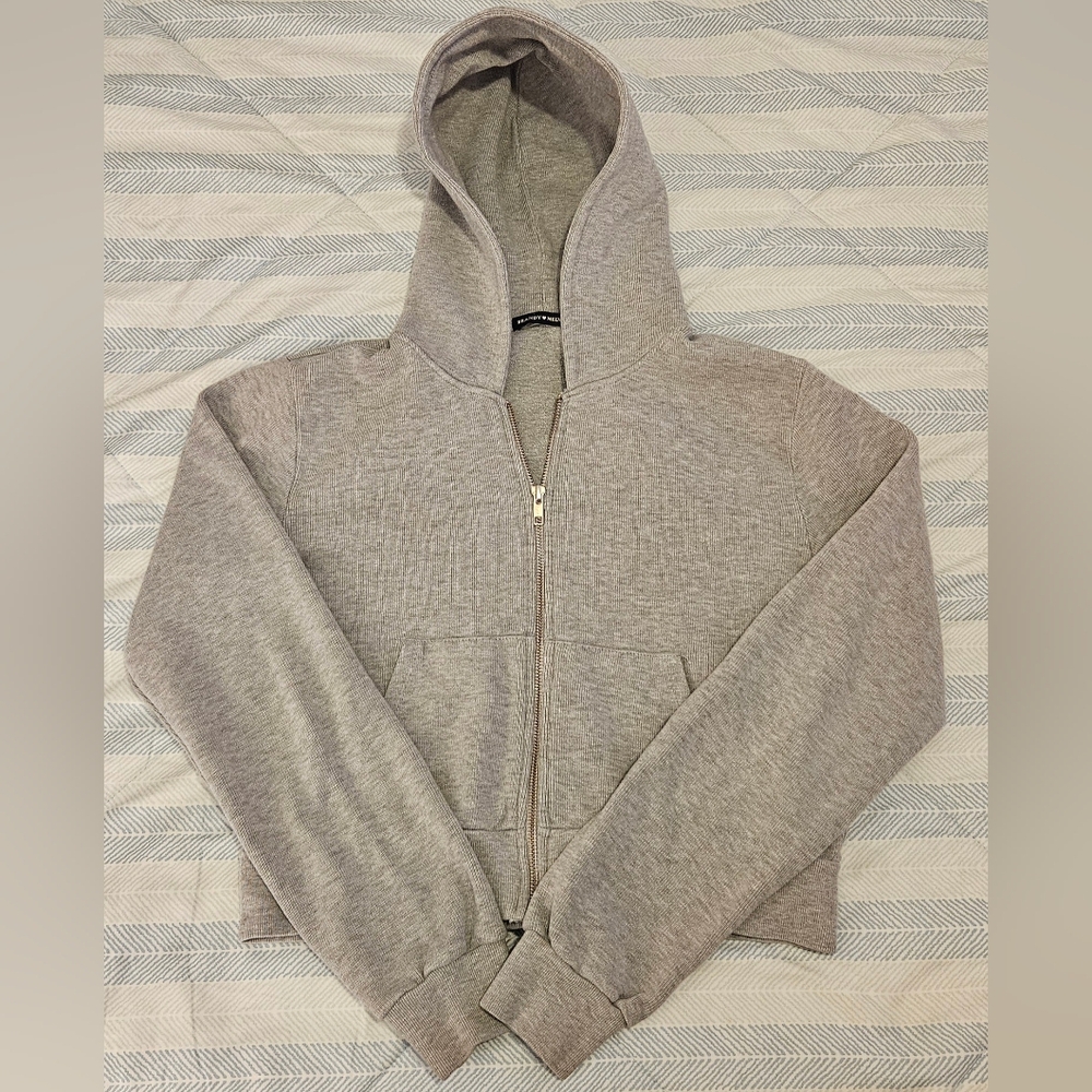 Brandy Melville Grey Ribbed Zip Up Hoodie